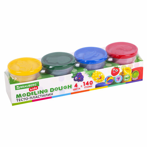 Пластилин-тесто для лепки BRAUBERG KIDS, 4 цвета, 560 г, яркие классические цвета, крышки-штампики