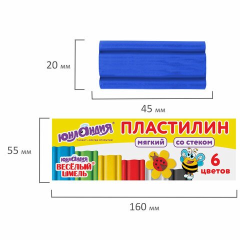 Пластилин мягкий ЮНЛАНДИЯ «ВЕСЕЛЫЙ ШМЕЛЬ», 6 цветов, 90 г, СО СТЕКОМ