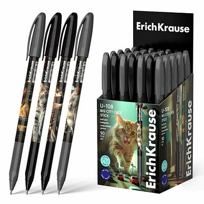 Ручка шариковая масляная ERICH KRAUSE U-108 «Stick Big City Cats», СИНЯЯ, узел 1 мм, линия 0.5 мм