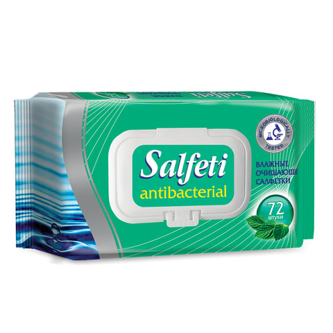 превью Салфетки влажные, 72 шт., SALFETI «Antibacterial», антибактериальные, крышка-клапан