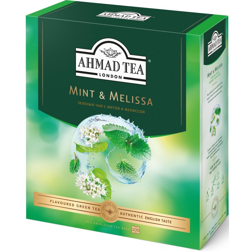 Чай Ahmad Tea Мята-Мелиса, зеленый, пакетики в конвертах, 100×1.8г/уп