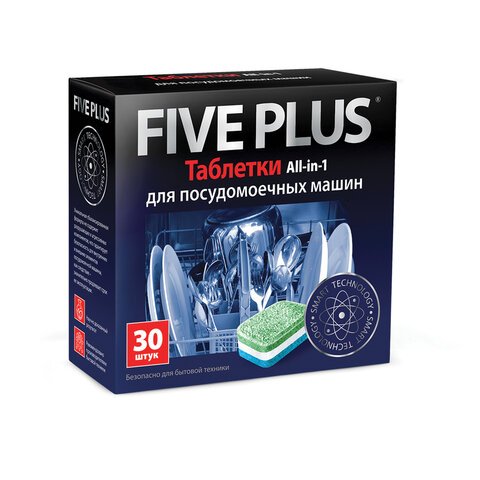 превью Таблетки для мытья посуды в посудомоечных машинах 30 шт. FIVE PLUS All-in-1 (5+ все в 1)