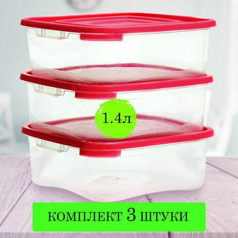 превью Контейнер пищевой 1.4 л КОМПЛЕКТ 3 шт., ланч бокс, КАСКАД КВАДРО, 11×18х18 см, прозрачный/красный, 68001