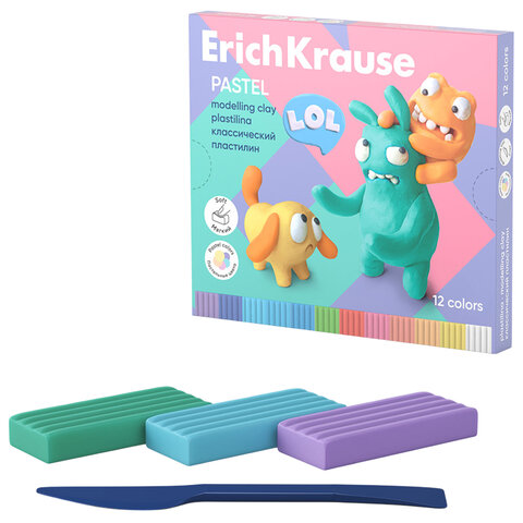 превью Пластилин классический ERICH KRAUSE «Jolly Friends pastel», 12 цветов, 216 г, со стеком