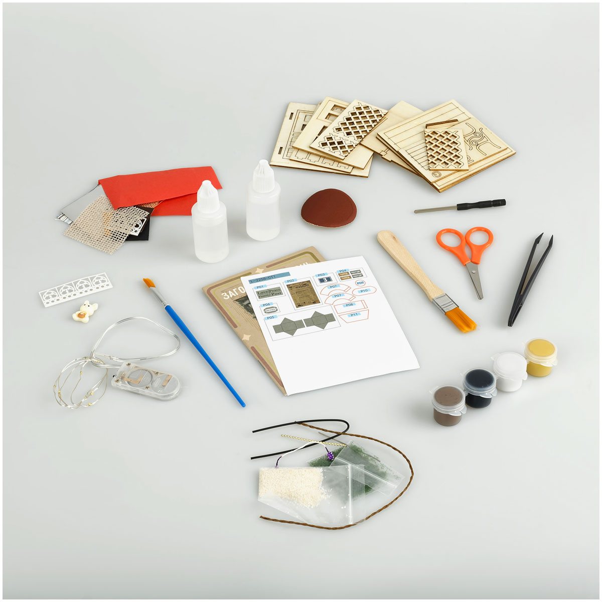 Сборная модель ТРИ СОВЫ, Румбокс «Загородная жизнь», инструменты, клей, светодиоды, батарейки, картонная коробка