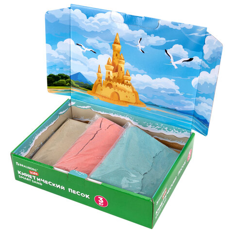 Песок для лепки кинетический, 3 цвета, 3 кг, коробка-песочница, BRAUBERG KIDS