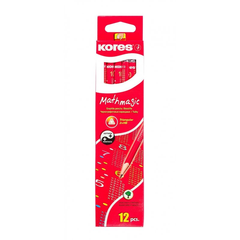 Карандаш чернографитовый Kores (трехгранный, HB, с ластиком и таблицей умножения)
