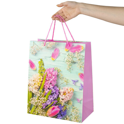 Пакет подарочный 26.5×12.7×33 см ЗОЛОТАЯ СКАЗКА «Spring Flowers», глиттер, розовый с голубым