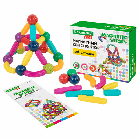 Магнитный конструктор MAGNETIC STICKS, 36 магнитных деталей, BRAUBERG KIDS