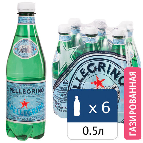 превью Вода ГАЗИРОВАННАЯ минеральная S. PELLEGRINO (С. Пеллегрино), 0.5 л, пластиковая бутылка, ИТАЛИЯ