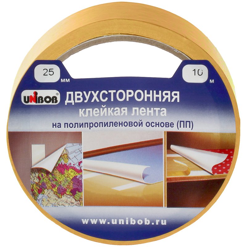 Клейкая лента двухсторонняя 25 мм х 10 м, UNIBOB, основа-полипропилен, упаковка с европодвесом