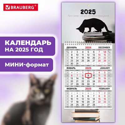 Календарь квартальный на 2025 г., 1 блок, 1 гребень, с бегунком, МИНИ, офсет, BRAUBERG, «Smart cat»