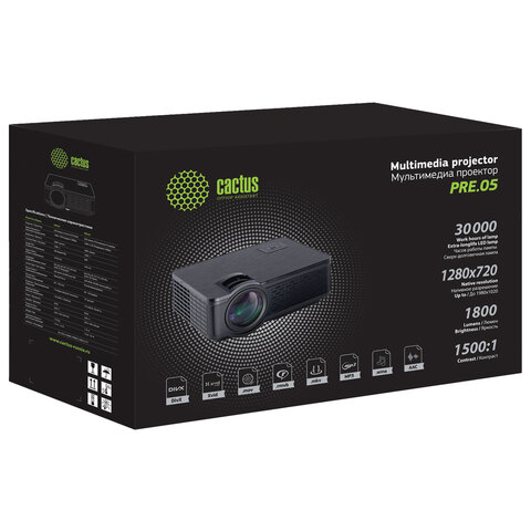 Проектор CACTUS CS-PRE.05B. WXGA, LCD, 1280×720, 16:9, 1800 лм, 1500:1, 1.75 кг