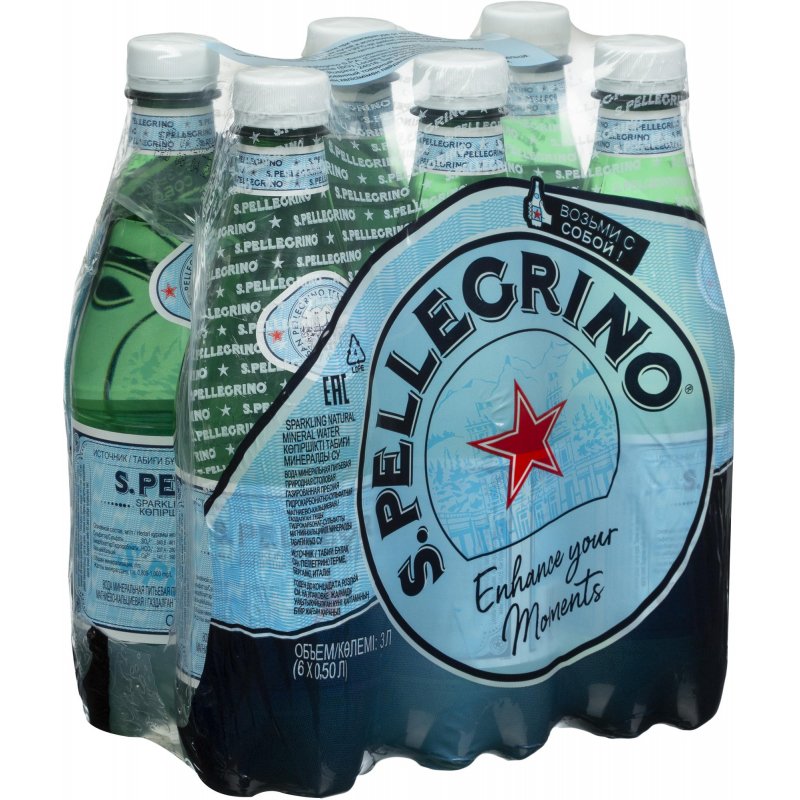 Вода минеральная газированная San Pellegrino (0,5л, ПЭТ, 6 шт/уп)