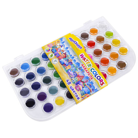 Краски акварельные ЮНЛАНДИЯ «ДОМИКИ», 48 цветов, круглые кюветы 23 мм, пенал, 192634