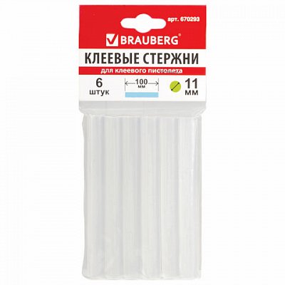 Клеевые стержни, диаметр 11 мм, длина 100 мм, прозрачные, комплект 6 шт., BRAUBERG, европодвес