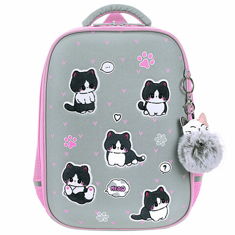 Ранец BRAUBERG LIGHT, 1 отделение, с брелоком, «Cat patches», плюшевые нашивки, 36×26х13 см