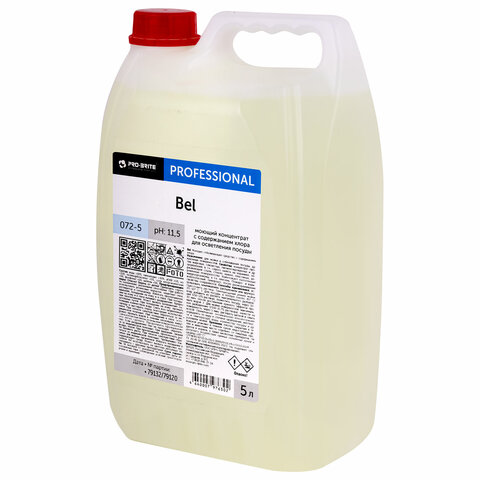 Средство для мытья посуды, 5 л, PRO-BRITE BEL, с хлором, отбеливание, концентрат