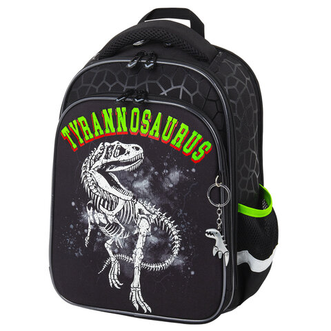 Ранец BRAUBERG QUADRO, 3 отделения, с брелком, «Tyrannosaur», светящийся рисунок, 37×28х18 см