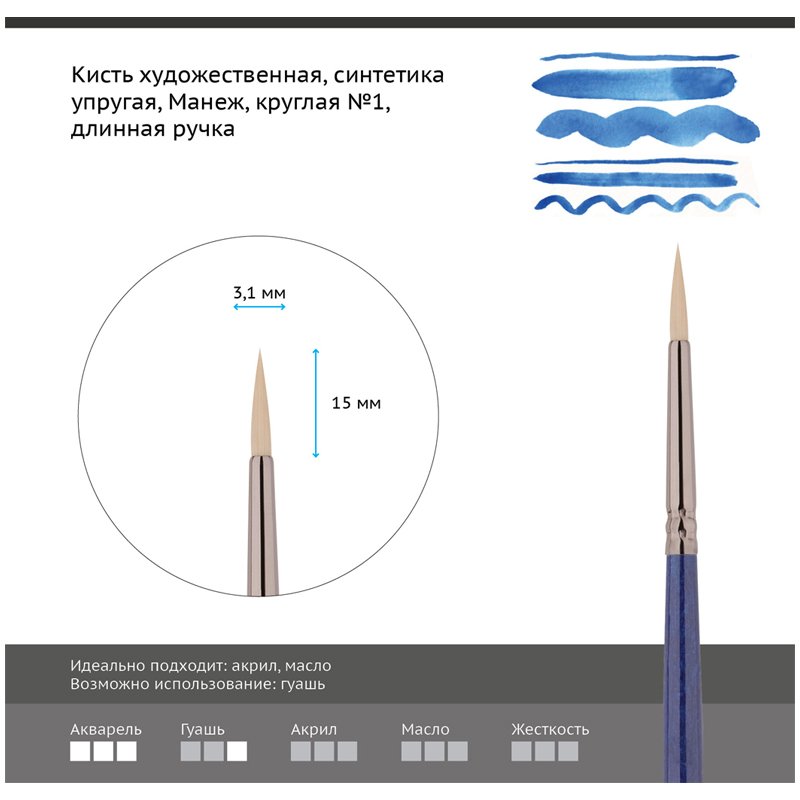 Кисть художественная синтетика упругая Гамма «Манеж», круглая №1, длинная ручка