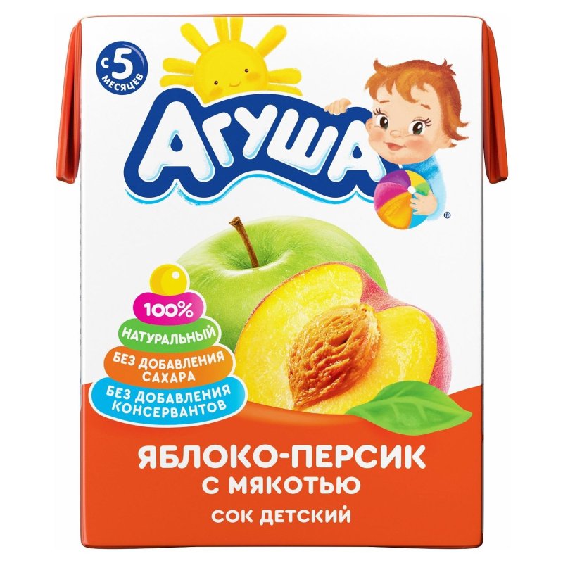 Сок Агуша с мякотью Яблоко Персик, 0.2, 18 шт/уп