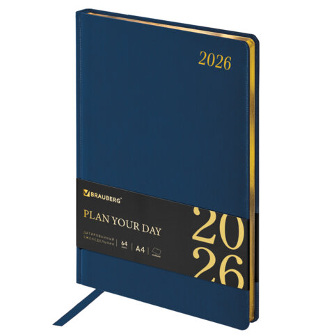 превью Еженедельник датированный 2026, БОЛЬШОЙ ФОРМАТ 210×297 мм, А4, BRAUBERG «Iguana», под кожу, синий