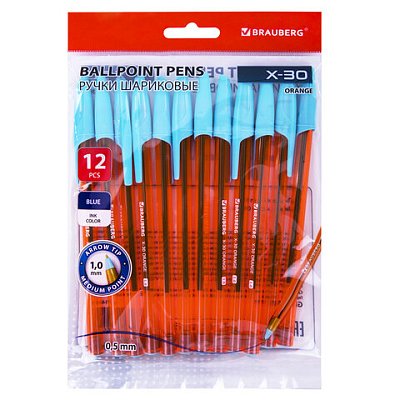 Ручки шариковые BRAUBERG X-30 ORANGE, КОМПЛЕКТ 12 шт., СИНИЕ, пишущий узел 1 мм, линия письма 0.5 мм
