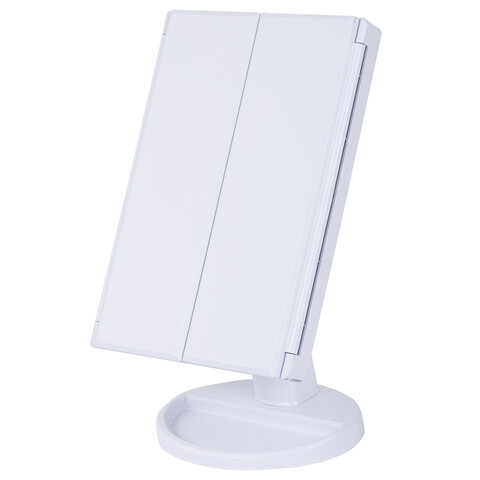 Зеркало настольное с LED-подсветкой для макияжа, размер 24×18 см, складное, увеличение х2, х3, х10, белое, BRABIX