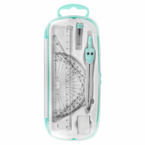 Готовальня BRAUBERG SCHOOL KIT, 8 предметов, циркуль 115 мм, чертежные принадлежности, мятный цвет