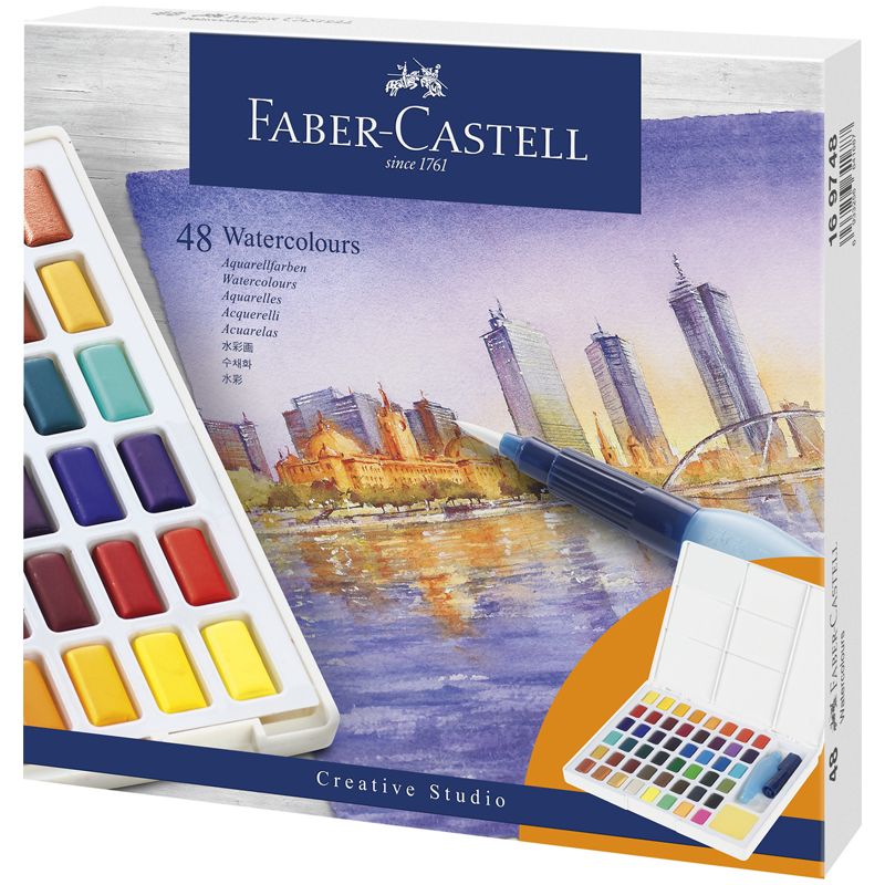 превью Акварель художественная Faber-Castell «Watercolours», 48цв., кюветы, + кисть «Water Brush»+ съемная палитра, пластиковая упаковка