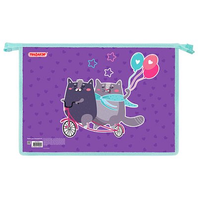 Папка для тетрадей ПИФАГОР А4, 1 отделение, картон/пластик, на молнии, «Bike cats»
