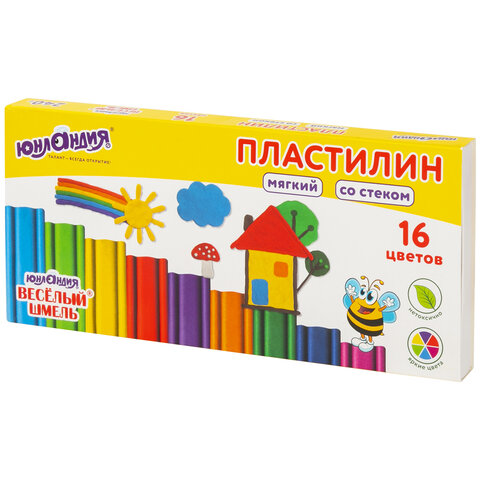 Пластилин мягкий ЮНЛАНДИЯ «ВЕСЕЛЫЙ ШМЕЛЬ», 16 цветов, 240 г, СО СТЕКОМ
