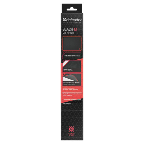 Коврик для мыши игровой DEFENDER Black M, ткань + резина, 360×270×3 мм, черный, 50560