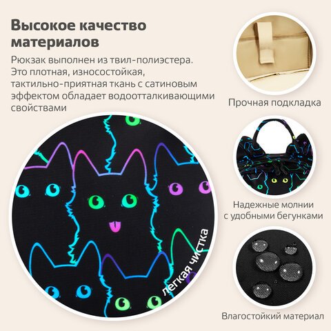 Рюкзак BRAUBERG DREAM универсальный с карманом для ноутбука, эргономичный, «Neon cats», 42×26х14 см