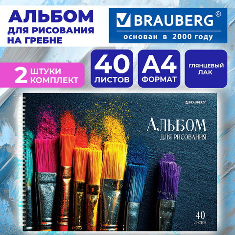 Альбомы для рисования ДЭК, А4, 40 л., КОМПЛЕКТ 2 шт., гребень, глянцевый лак, BRAUBERG, 200×290 мм, «Кисти»