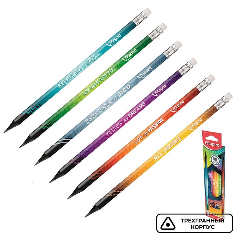 Карандаш чернографитный HB с ластиком Maped Navy Energy заточенный трехгранный