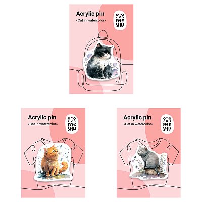 Набор акриловых значков MESHU «Cats in watercolor», прямая УФ-печать, 3шт. 