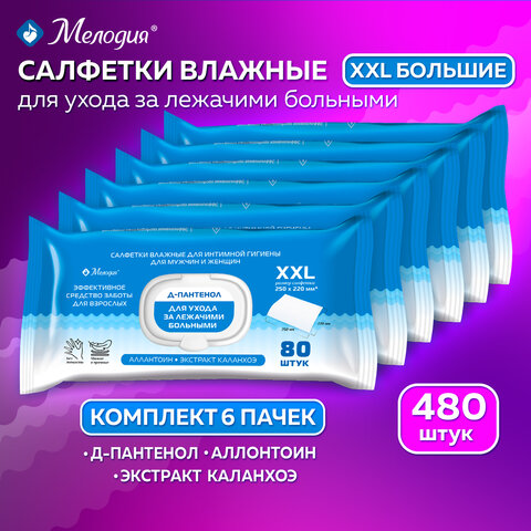 Салфетки влажные для интимной гигиены КОМПЛЕКТ (6 пачек х 80 шт. ), 220×250 мм, Д-пантенол, LAIMA MEDICAL,116528