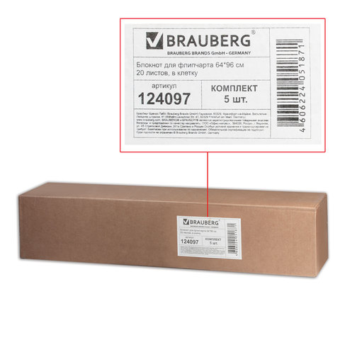 Блок бумаги для флипчартов BRAUBERG, комплект 5 шт., 20 л., клетка, 64?96 см, 80 г/м