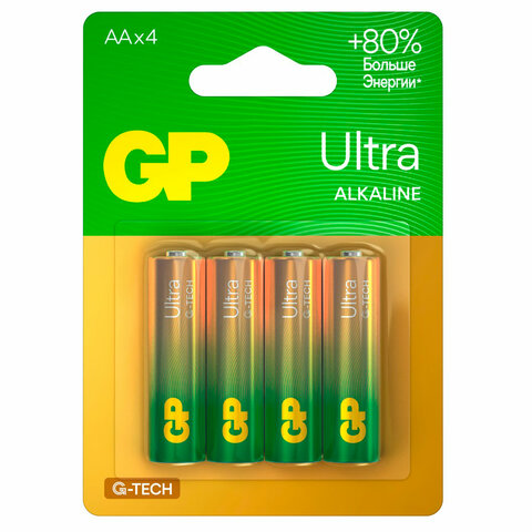 превью Батарейки КОМПЛЕКТ 4 шт., GP Ultra G-Tech, AA (LR6, 15А), алкалиновые, пальчиковые