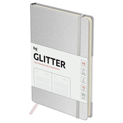 Ежедневник недатированный, А6, 136л., твердый переплет, диз. картон, BG «Glitter. White», белый, на резинке, карман