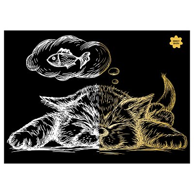 Гравюра с эффектом золота ТРИ СОВЫ «Спящий кот», А5