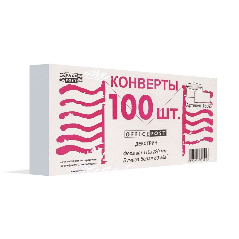 превью Конверт белый OfficePost E65, декстрин (110×220, 100шт/уп, 12уп/кор)
