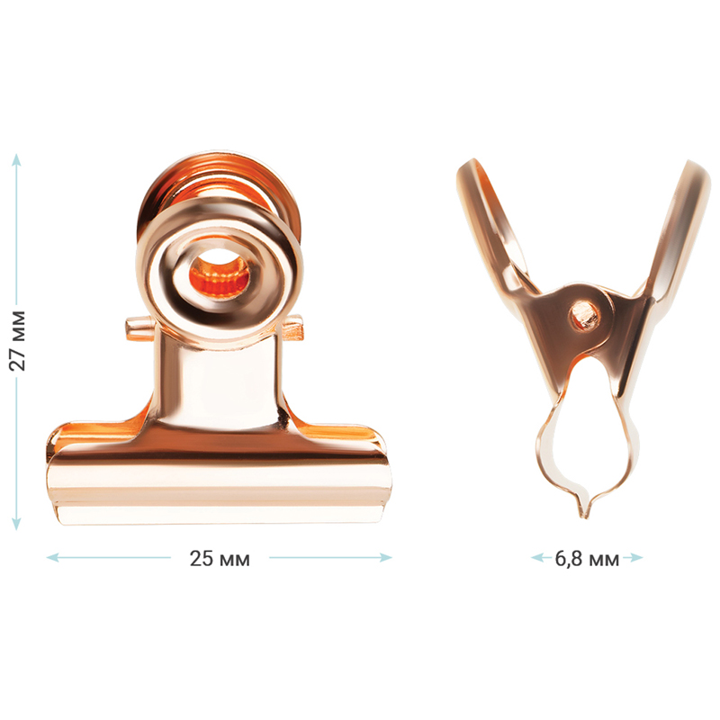 Зажимы-бульдоги для бумаг 25мм, Meshu «Rose Gold», 6шт., бокс с европодвесом