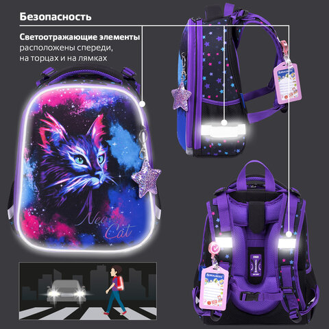 Ранец BRAUBERG PREMIUM, 2 отделения, с брелком, «Neon cat», 38×29х16 см