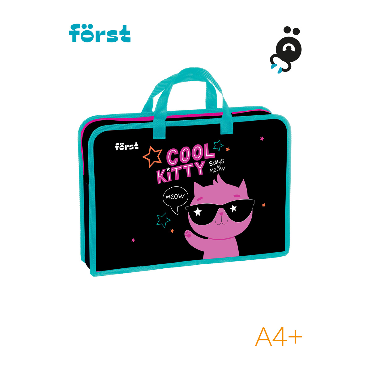 Папка с ручками 1 отделение, А4 Först «Cool kitty», 340×245×75мм, пластик, на молнии