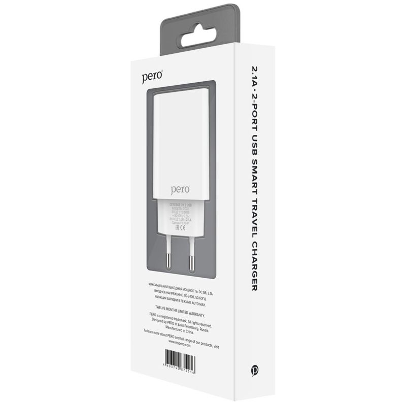 Зарядное устройство сетевое PERO TC02 2USB 2.1A белый