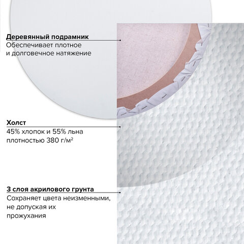 Холст грунтованный на подрамнике BRAUBERG, круглый, 40 см, 45% хлопок, 55% лен, среднее зерно