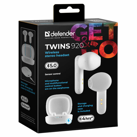Наушники с микрофоном (гарнитура) DEFENDER TWINS 920, Bluetooth, беспроводные, белые, 