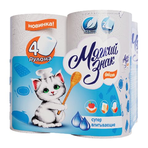 Полотенца бумажные бытовые, спайка 4 шт., 2-х слойные (4×10 м), МЯГКИЙ ЗНАК Deluxe, белые